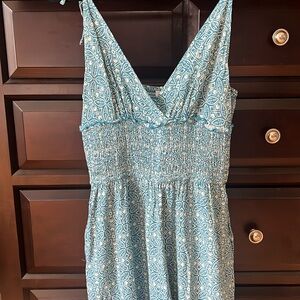 Patrons of Peace Romper Blue/White Shirred Waist V Neck Shoulder Ties Sz Large